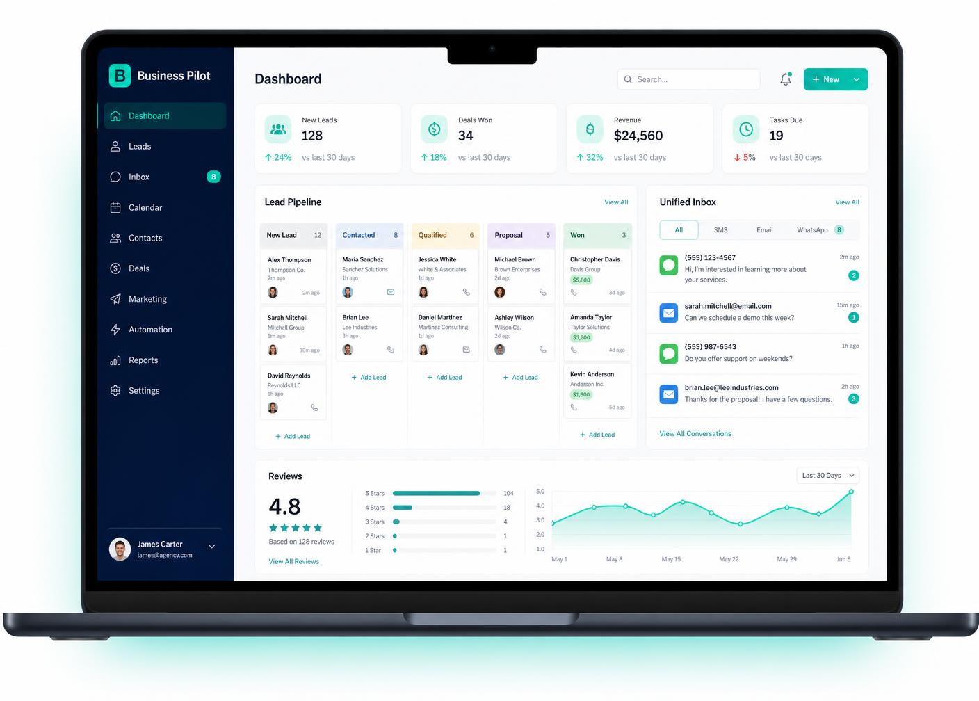 Business Pilot dashboard showing a lead pipeline, unified inbox and review ratings on a laptop